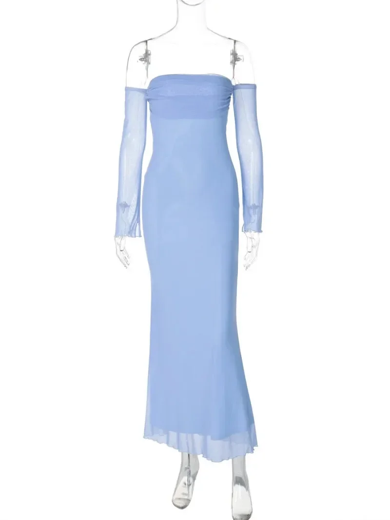 Toloer Blue Off-shoulder Solid Maxi Dress-Outfit Ideas