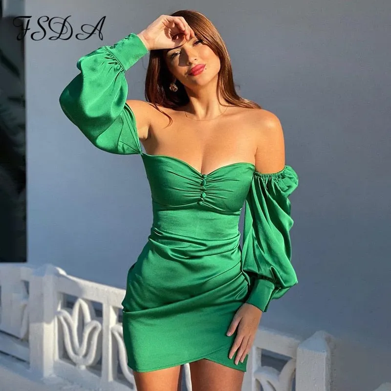 FSDA 2021 Autumn Winter Green Bodycon Dress Party Women Satin Mini Long Puff Sleeve Backless Sexy Elegant Dresses Club Black