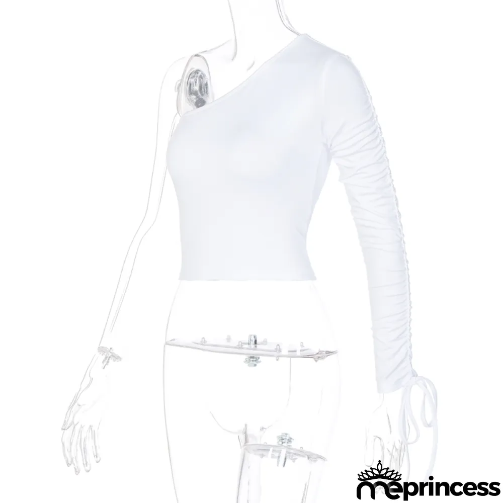Solid Color One Shulder Sexy Top with Sleeves
