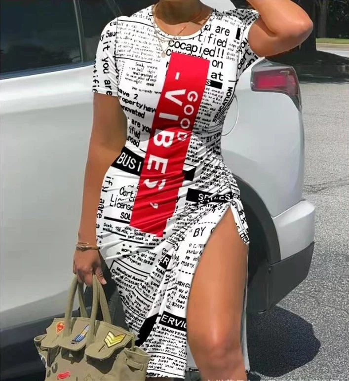 Summer Drawstring Dress Women Fashion Print V-neck Short-sleeved Drawstring Tight Tshirt Dress Women