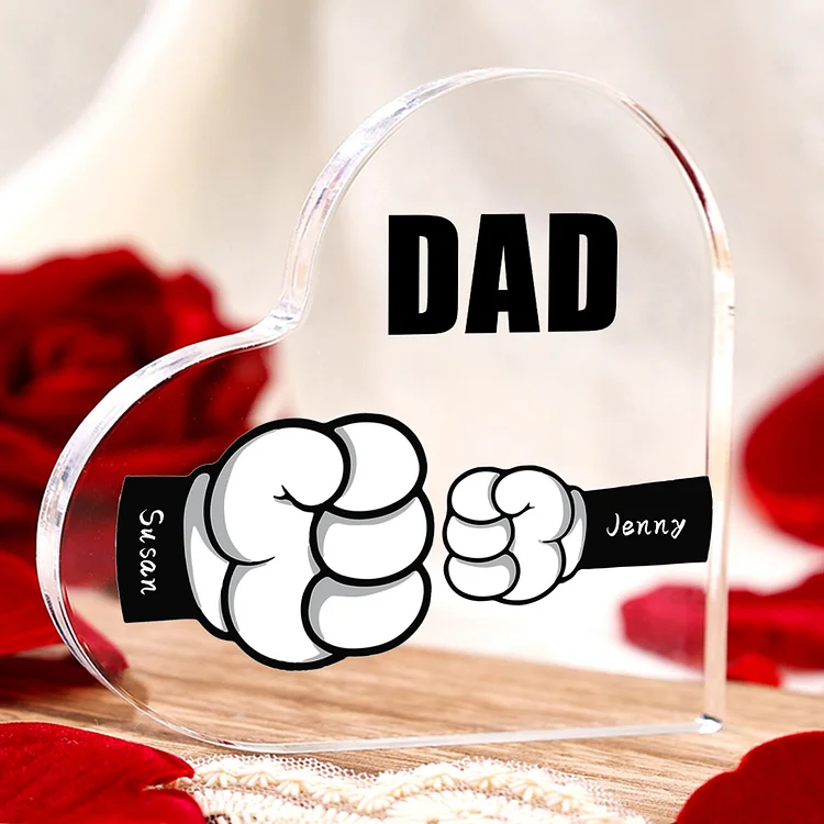 2 Names - Personalized Dad Fist Heart Acrylic Heart Keepsake Custom Text Acrylic Plaque Ornament Gift Set with Gift Box for Grandpa/Dad