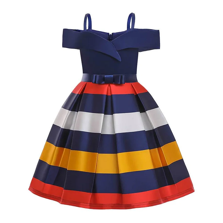 Girls Striped Off The Shoulder Bardot Formal Party Birthday Dress-Mayoulove