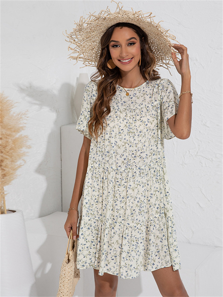 Round Neck Crushed Flowers Ruffle Sleeve Loose Dress White Pink Yellow Green Blue