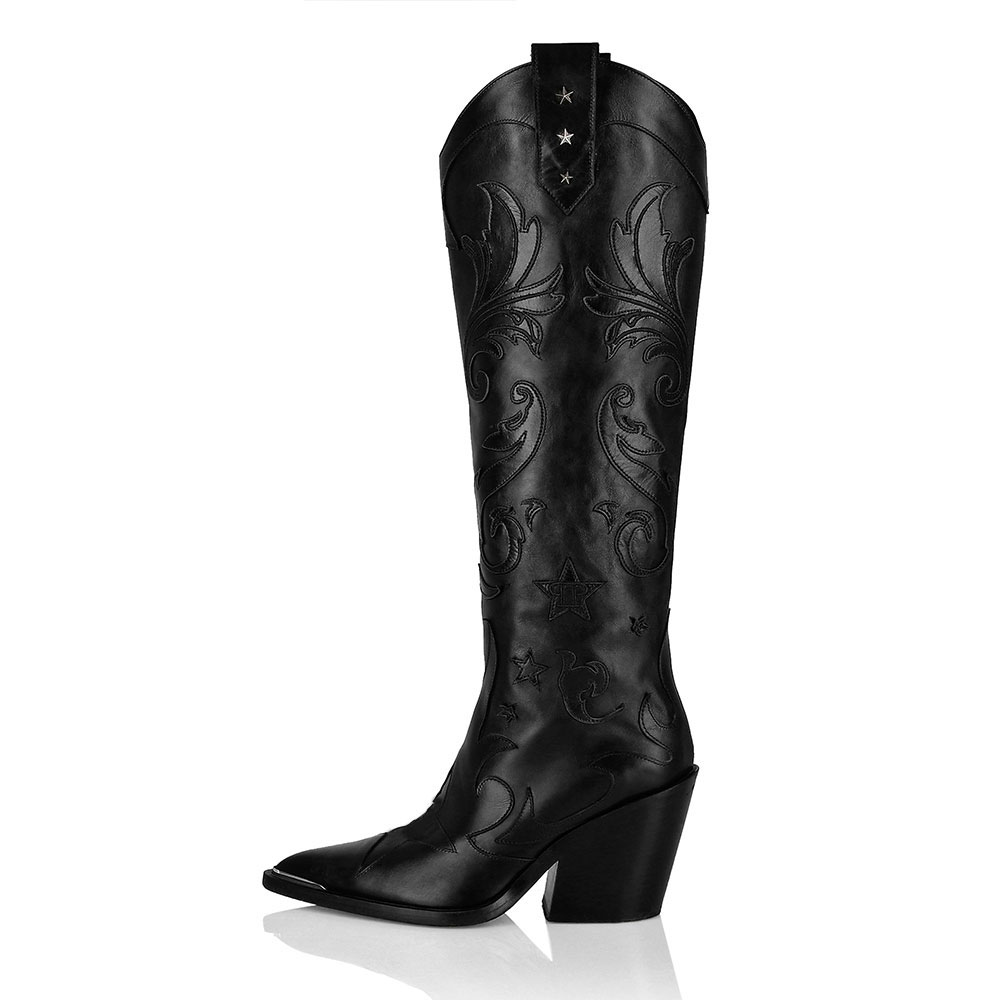 Black Pointed Toe Star Studded Block Heel Embroidered Cowgirl Boots Nicepairs