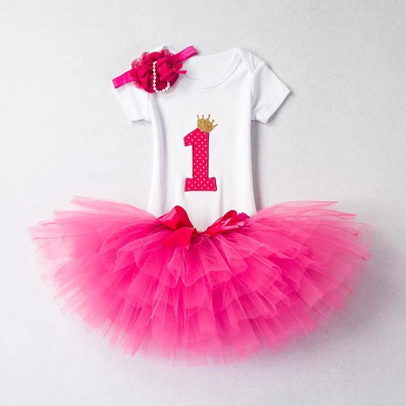 Flower Headband Short Sleeve Top and Tutu Dress Outfits 3pcs for 1 Year Baby Girls First Birthday Party Cotume Newborn Clothes