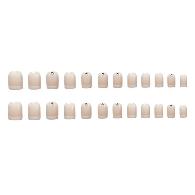 24pcs/Set Short French False Nails Summer Square Head Nude Pink Rhinestone Decal Full Beauty Acrylic Nail Art Tips with Glue-Nail Inspo