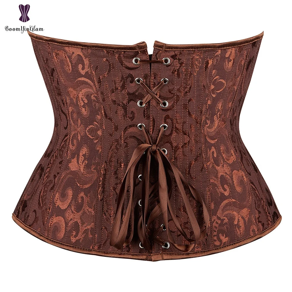 Jacquard 26 Spiral Steel Boned Underbust Corset Black White Brown Steampunk Bustier Top #2834