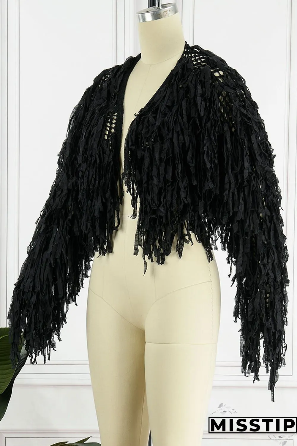 Blue Street Solid Tassel Patchwork Cardigan Collar Outerwear