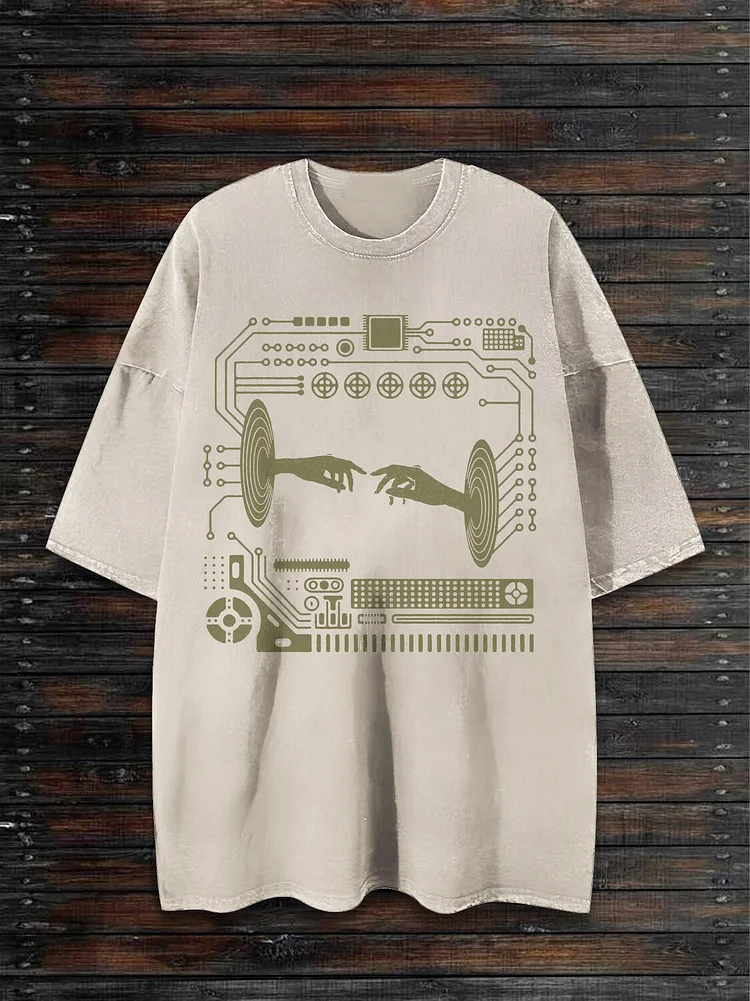 Men's Electric Circuit The Creation of Adam Print Cotton Washed T-Shirt