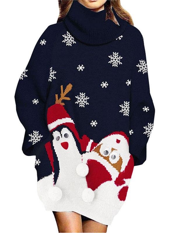 Womens Ugly Christmas Sweater Penguin Turtleneck Sweater Dress-elleschic