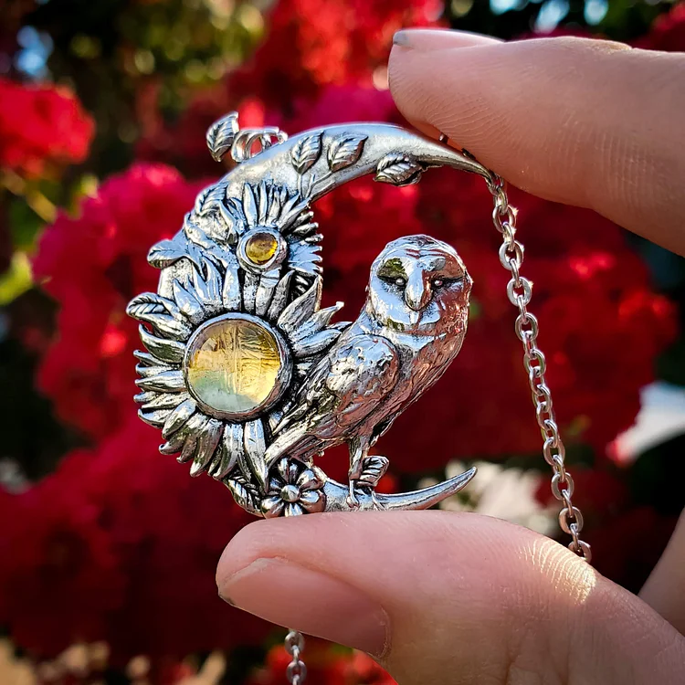 Citrine Crescent Moon Barn Owl Necklace