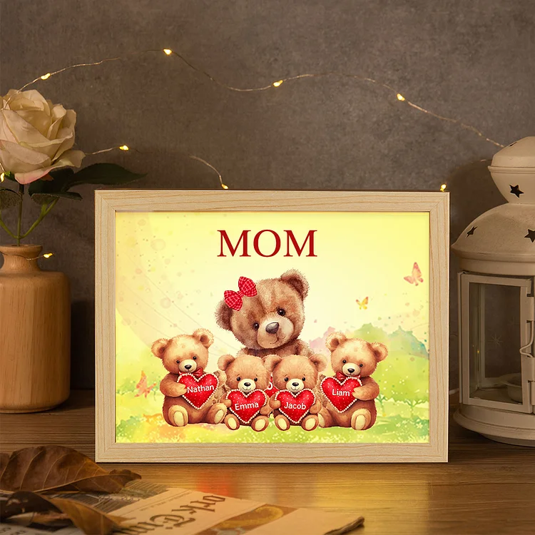 Personalized Frame Night Light Custom 1 Text  & 4 Names Teddy Bears Family Ornament Gifts for Mother/Grandma