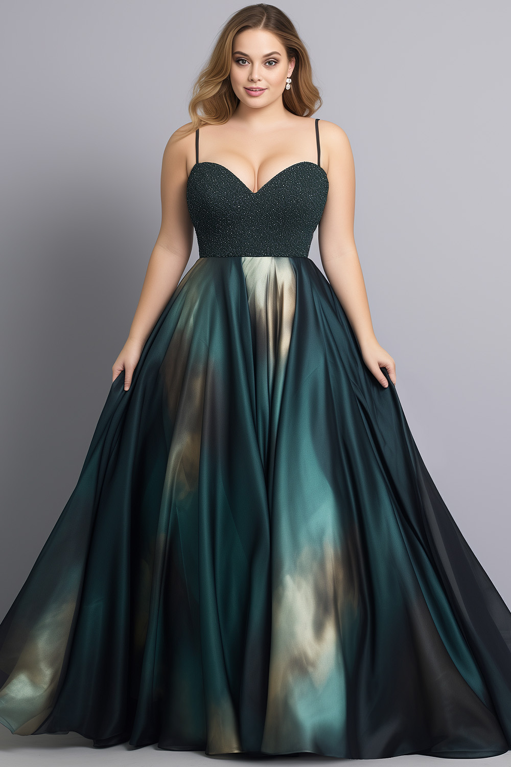 Flycurvy Plus Size Wedding Guest Dark Green Satin Sparkly Gradient Built-in Bra Cami Maxi Dress