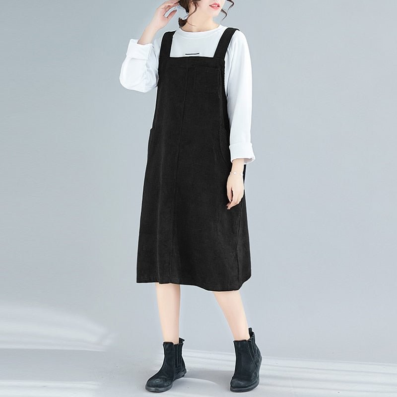 Women Corduroy Overalls Dress ZANZEA Vintage Straps Suspenders Sundress Autumn New Solid Sleeveless Pockets Midi Vestidos