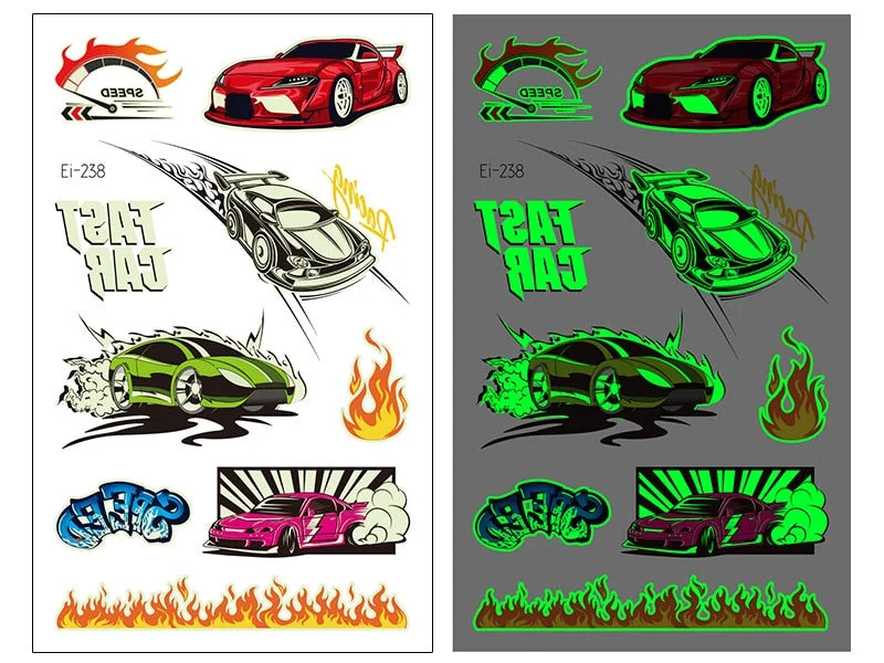 New Racing Waterproof Temporary Tatoo Sticker Children Cool Luminous Motorcycle Racing Fake Tattoo Night Glowing Tattoo Stickers