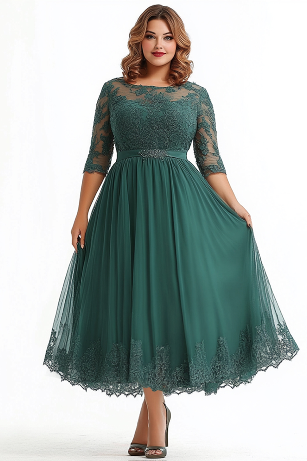 Flycurvy Plus Size Wedding Guest Green Lace 3/4 Sleeve Maxi Dress