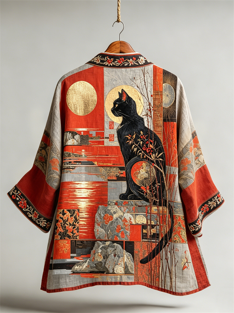 Cat Traditional Japanese Landscape Colorblock Linen Long Kimono elevenforest