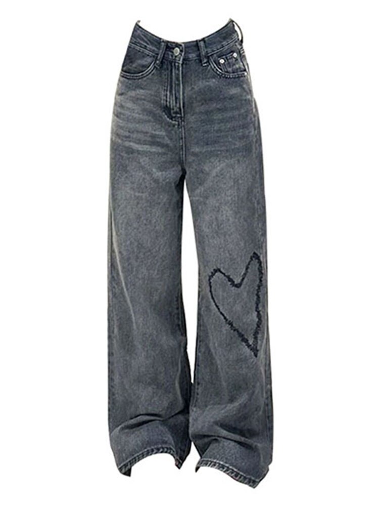 Luxylanellc fall outfits women 2025 Love Embroidery Jeans Women Streetwear Y2k Korean Fashion High Waist Casual Straight Cotton Denim Trousers Pants American Style