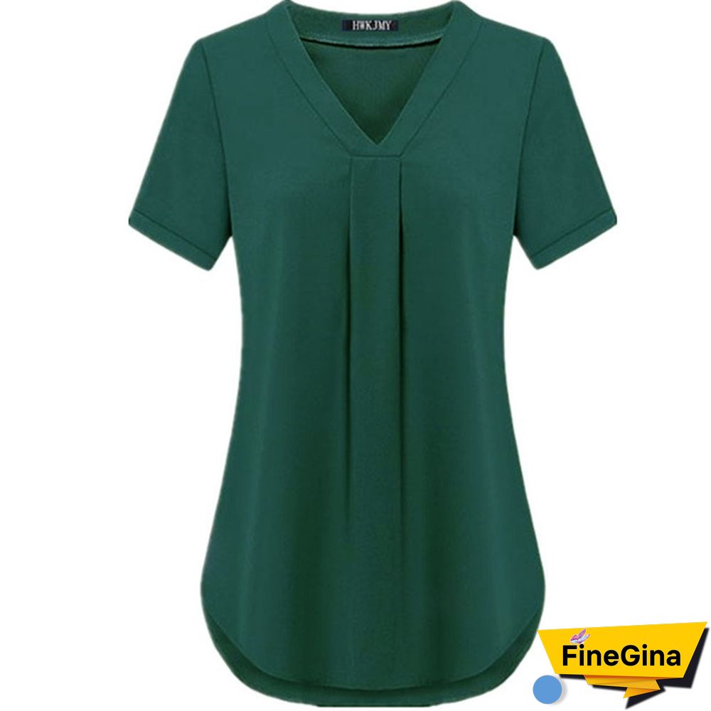 Womens Fashion Summer Sexy V-neck Short Sleeve Shirt Solid Color Loose Pleated Chiffon T