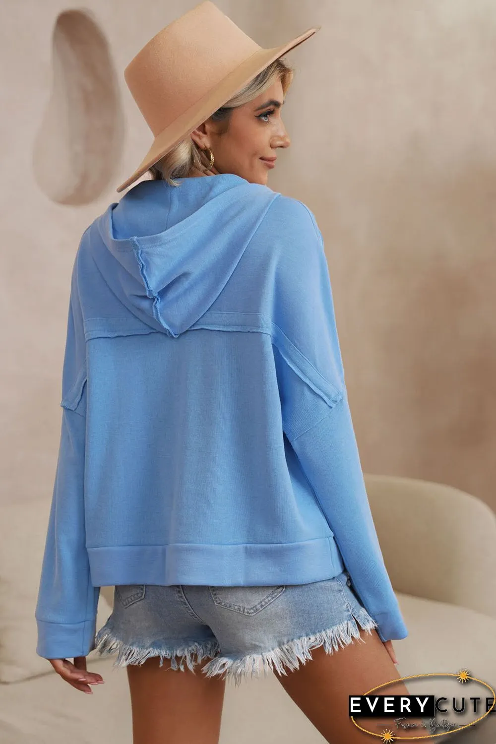 Sky Blue Casual Button Solid Patchwork Trim Hoodie
