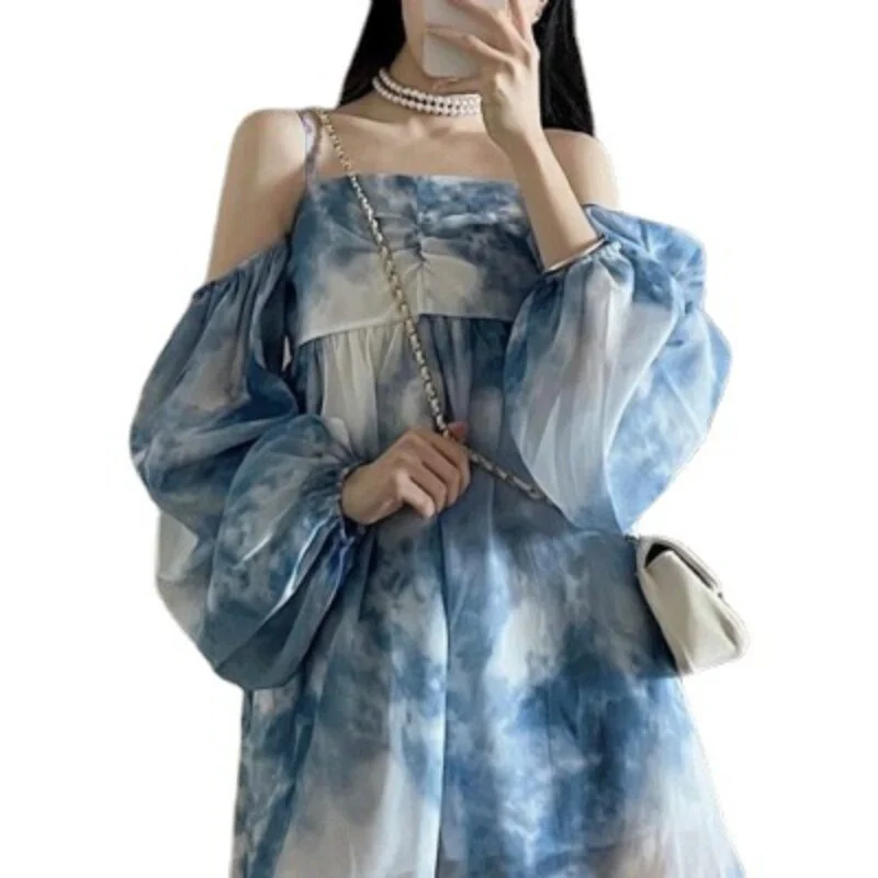 Jangj Tie-dye Off-the-shoulder Slip Dress 2022 Korean Fashion Beach Style Dress Long Sleeve Sexy and Sweet High Waist Dress