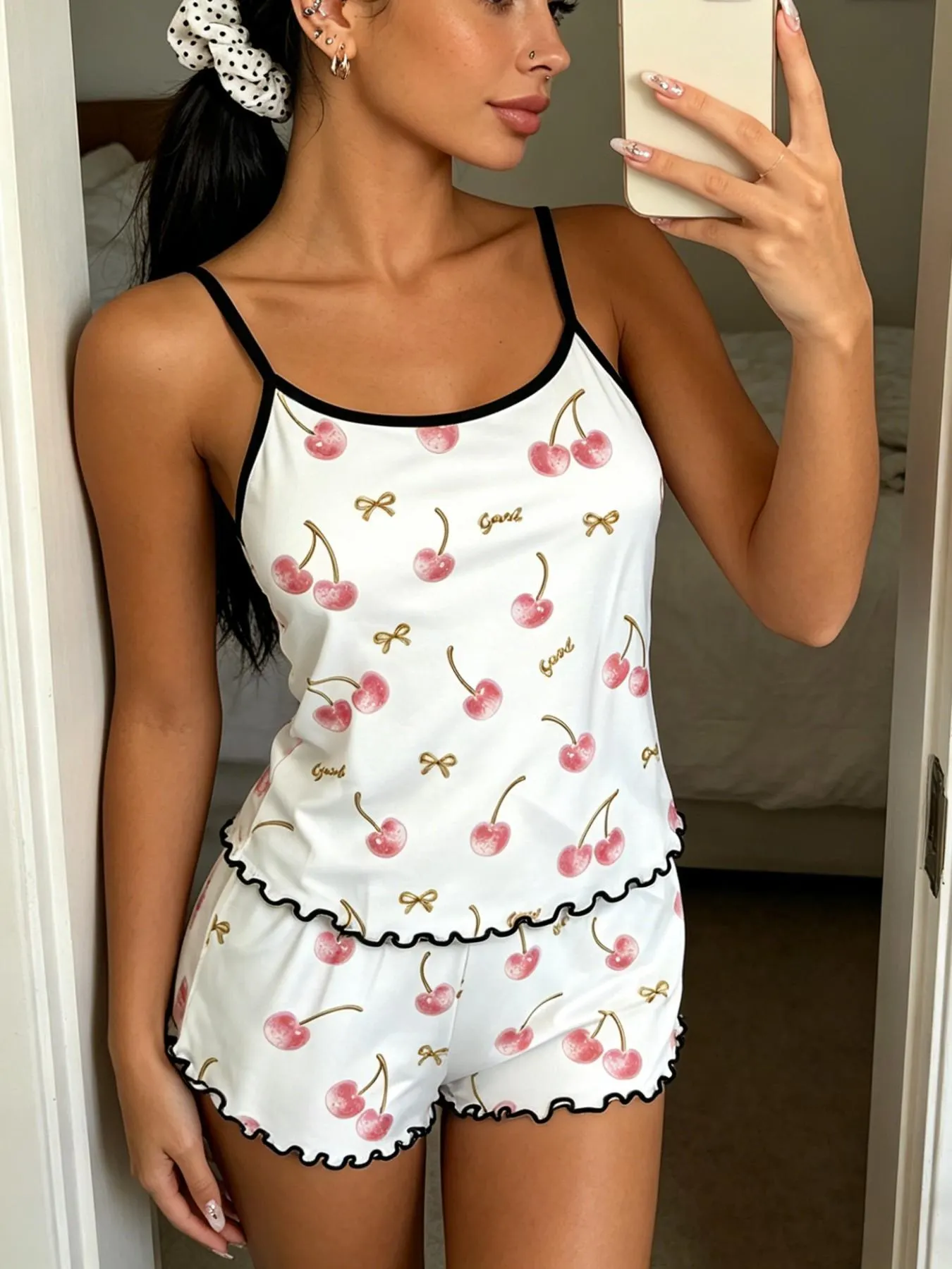 Cherry Print Halter Short Pajamas, Ruffle Trim Design, Sweet Girl Style, Breathable Home Sleepwear, 3-Piece Set Cherry Print Halter Short Pajamas, Ruffle Trim Design, Sweet Girl Style, Breathable Home Sleepwear, 3-Piece Set