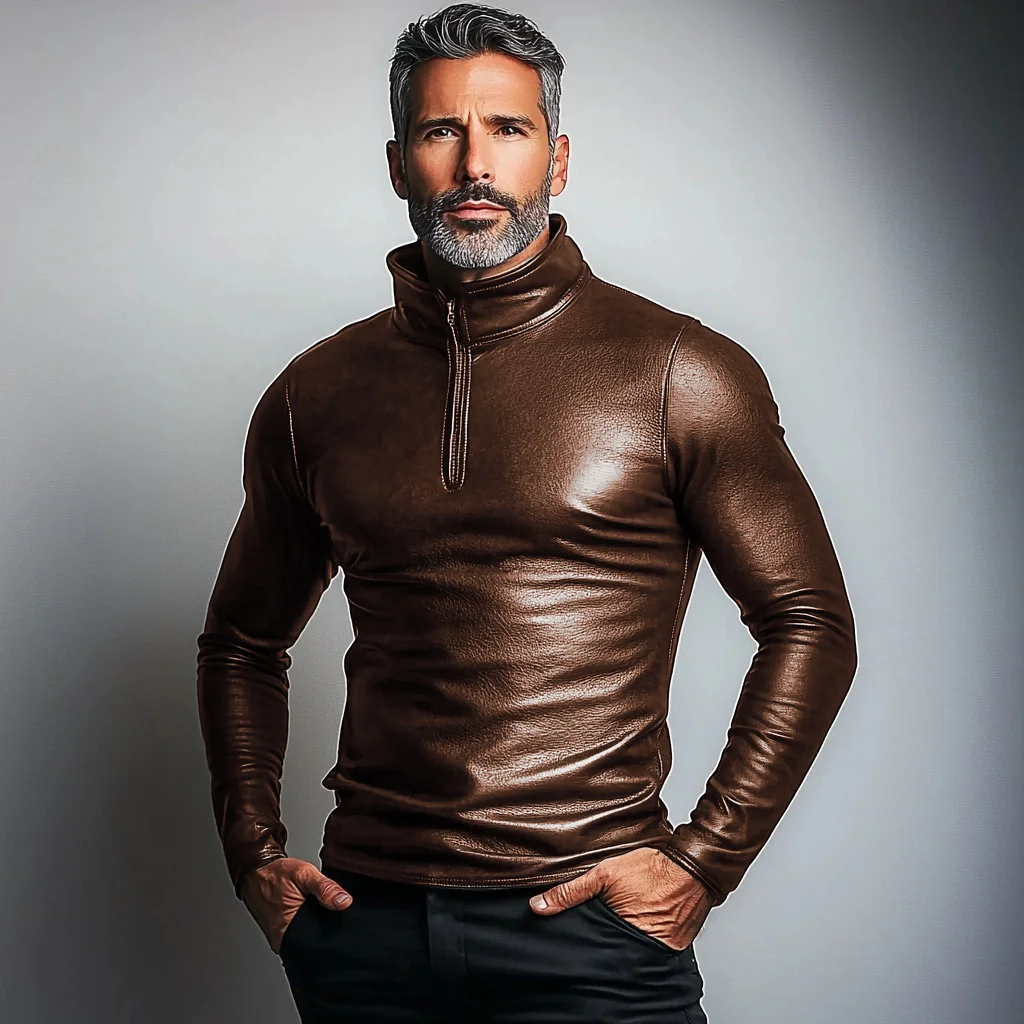 Men's Half Zip Leather Shirt-inspireuse