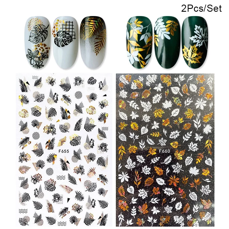 1 Sheet iridescent Nail Sticker Black leave 3D Transfer Beautiful Nail Decals Decoration Summer Popupar DIY Nail Design