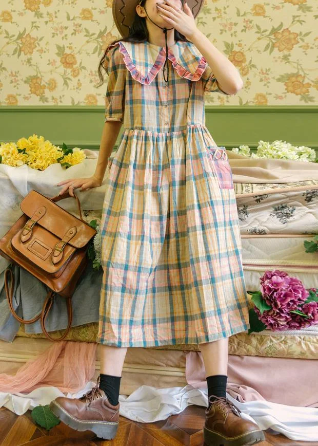 Plaid Ruffled Button Puff Sleeve Summer Cotton Dresses