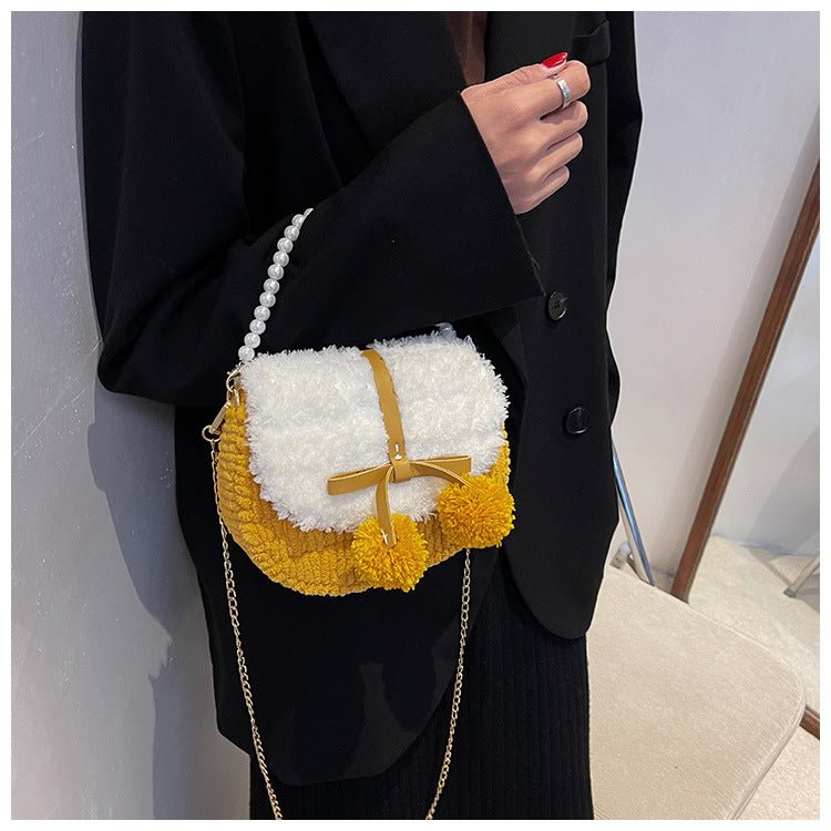 DIY Woolen bag with pearl handle chain