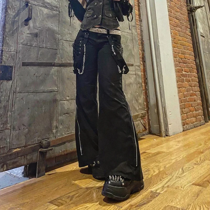 Jangj Punk Black Wide Leg Pants With Chain Women Cargo Trousers Goth Mall Jogger Techwear Streetwear Grunge BF Unisex Pant Baggy Jeans