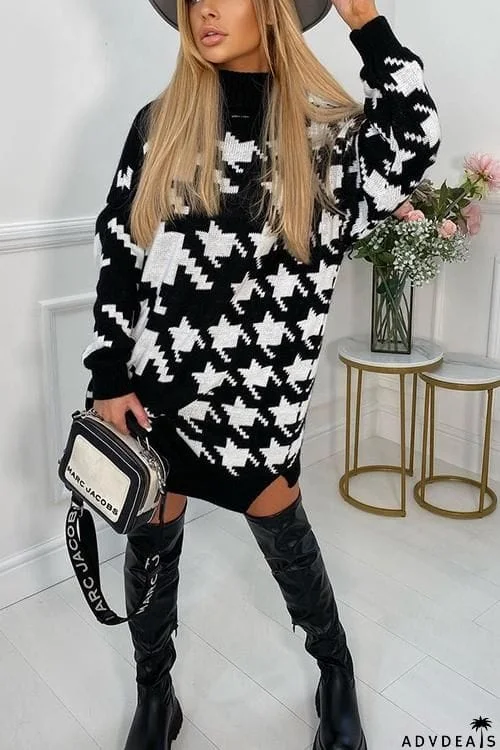 Houndstooth High Collar Sweater