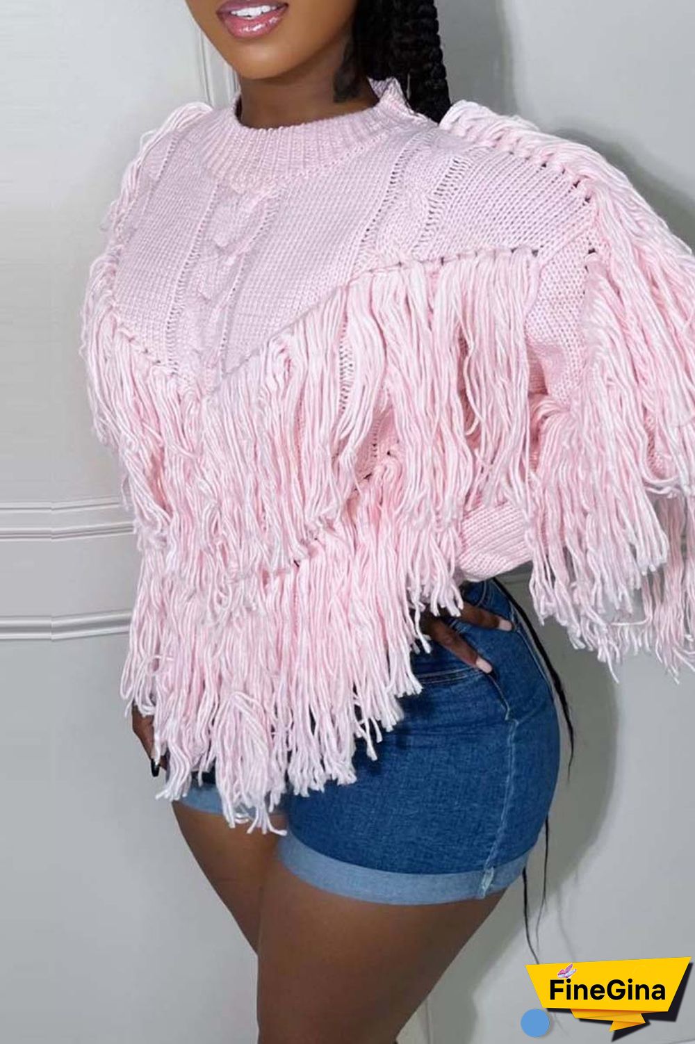 Pink Casual Solid Tassel O Neck Tops