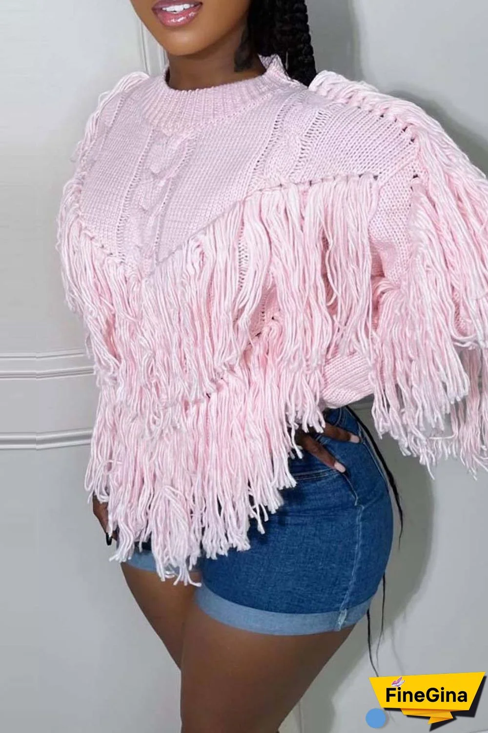 Pink Casual Solid Tassel O Neck Tops