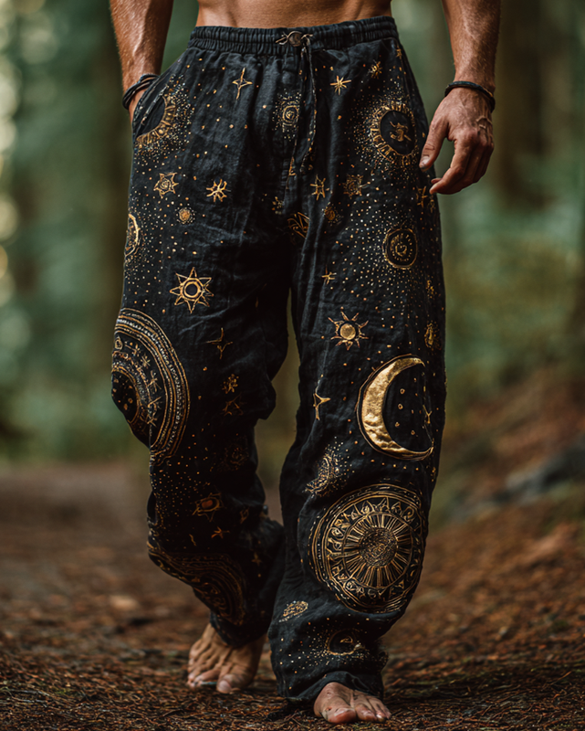 Men's casual star and moon 3D embroidered linen trousers 106e