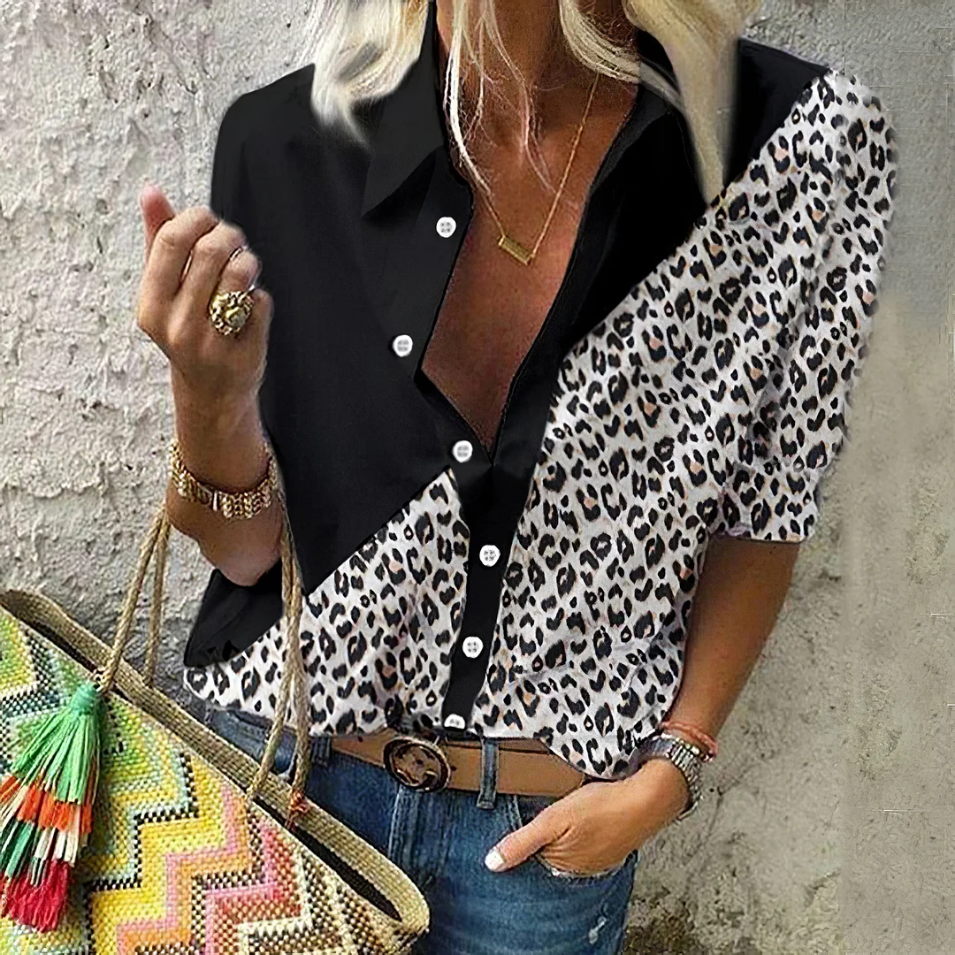 Vintage Contrast Panel Leopard Print Long Sleeve Shirt