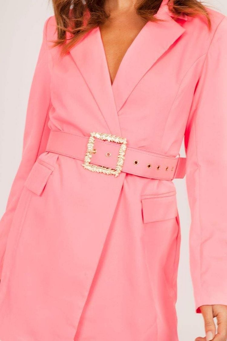 Pink Blazer Dress With Gold Buckle Belt 