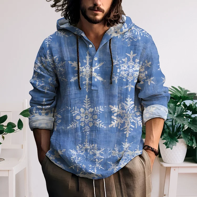Men's Snowflake Hooded Half Open  Made Of Linen Fabric Sweatershirt