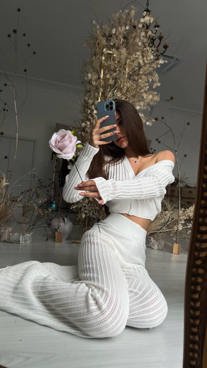 Ootddress Women Casual Knitted Sweater Outfits Buttons See-Through Long Sleeve High Waist Knit Two Piece Fashion Trousers Outfits