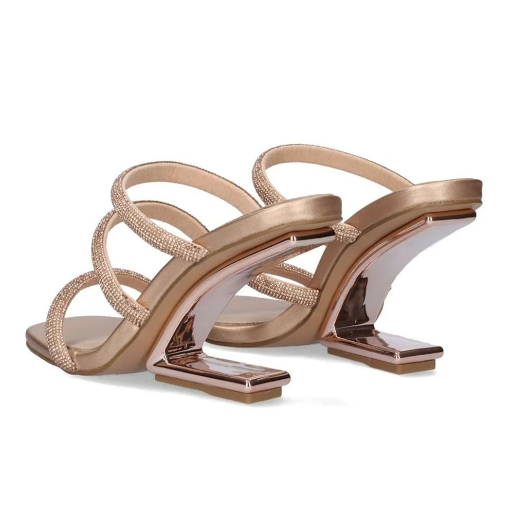 Gold Square Toe Sculptural Heel Slide Sandals Women with Rhinestone