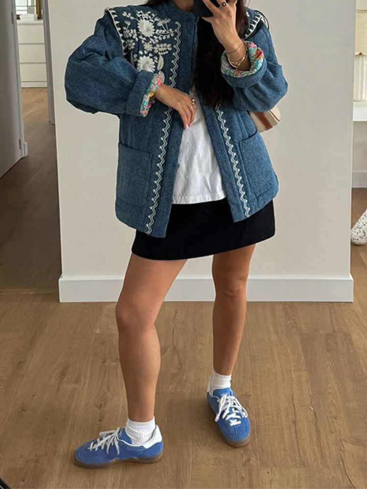 Nigikala Nigikala Printed Pocket Cotton Jacket 2025 Autumn And Winter Women's Single Buckle Commuting Warm Coat WQK0