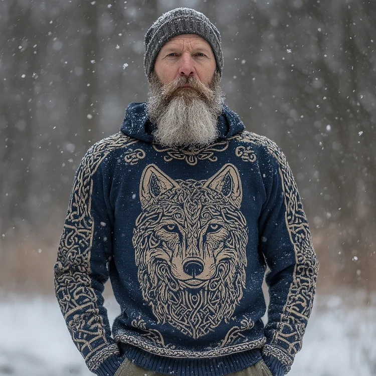 Men's Vintage Viking Wolf Inspired Cozy Knit Hooded Sweater