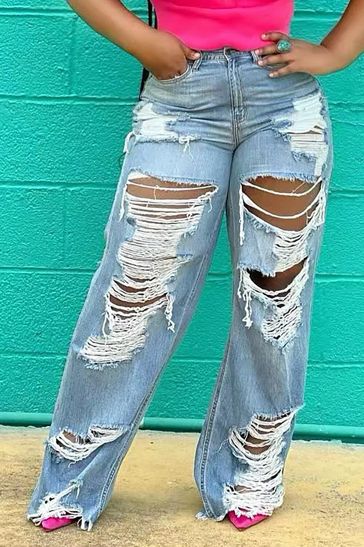 Denim High Waist Ripped Raw Edge Straight Leg Jeans-Blue