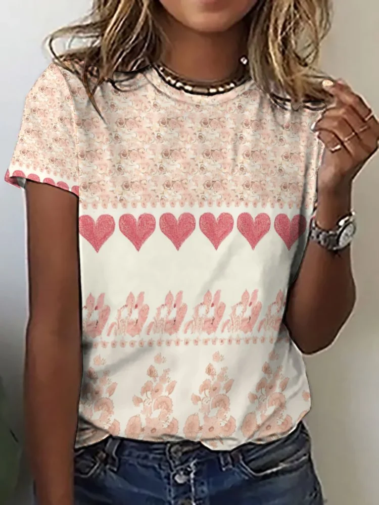 Printed Short Sleeve Casual T-shirt for  Women and Men Unisex Pattern Floral,Pink,Heart