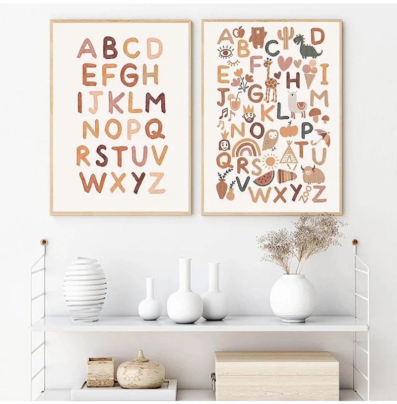 Boho Nursery ABC Alphabet Poster Wall Art Canvas Painting Print Playroom Pictures New Baby Girls Gift Kids Room Home Decoration