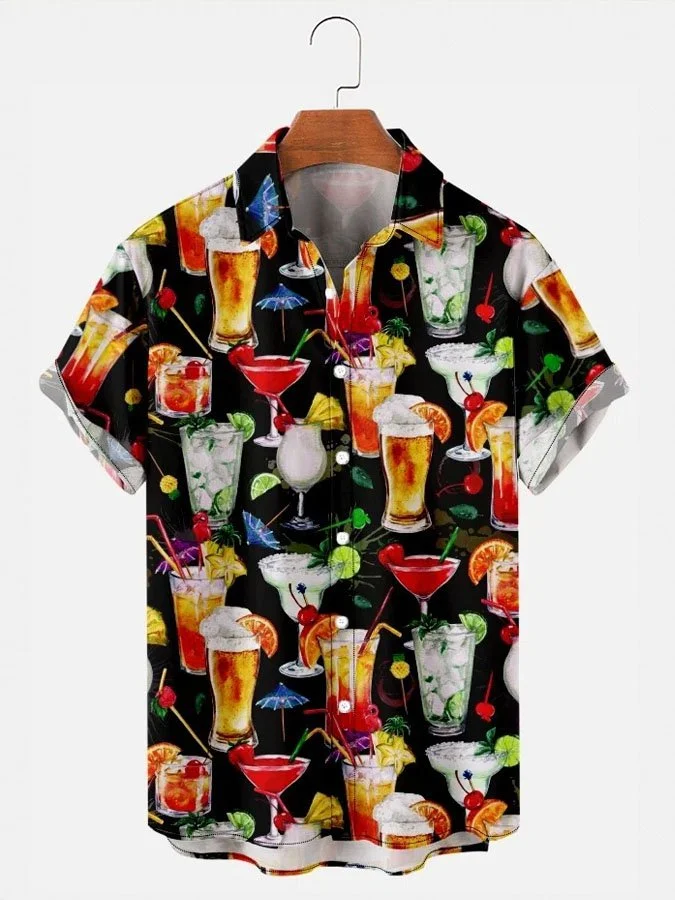 Men's Casual Resort Beer Juice Print Short Sleeve Hawaiian Shirt