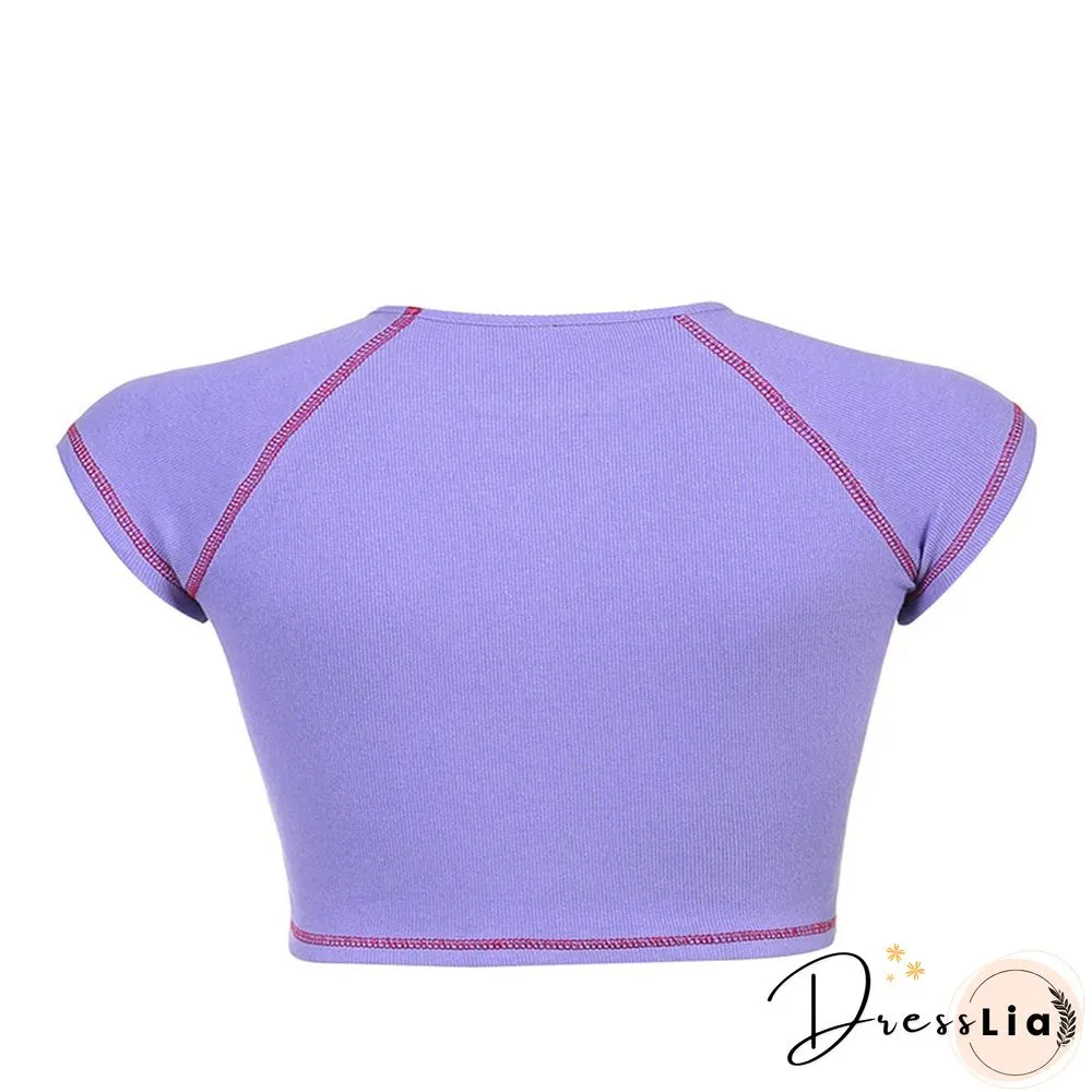 Summer Womens Casual Round Collar T-Shirt Creative Embroidery Short Sleeve Midriff-Baring