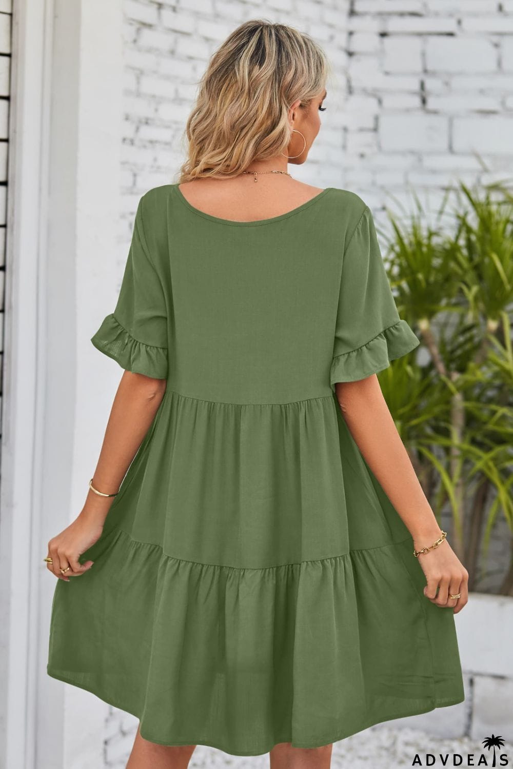 V-Neck Flounce Sleeve Tiered Dress