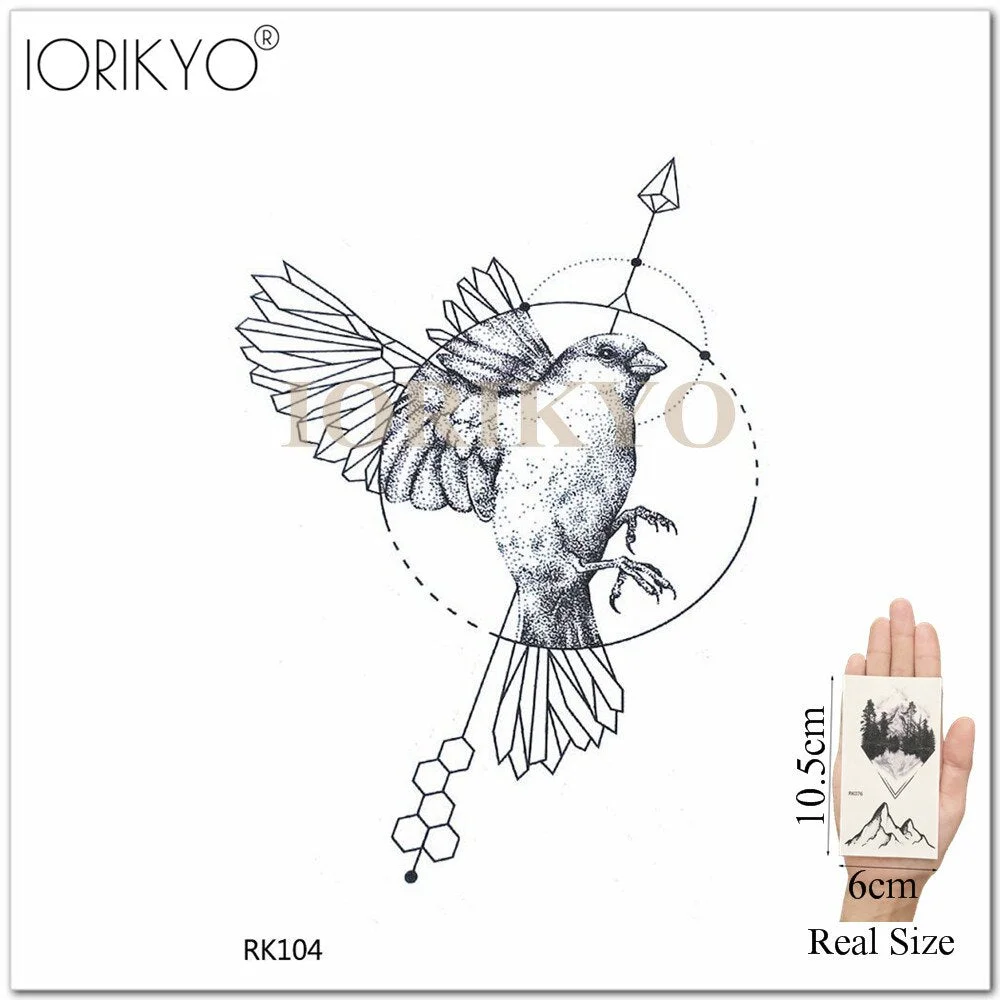 New Black Hummingbird Temporary Tattoo Stickers Women Arm Pencil Sketch Waterproof Tatoos Girls Forearm Birds Fake Tattoo Flower