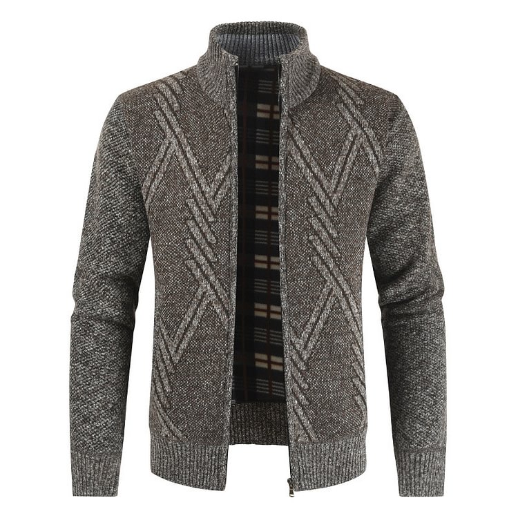 Mens Knitted Cardigan Thick Sweater Full Zip Stand Collar Warm Jumper